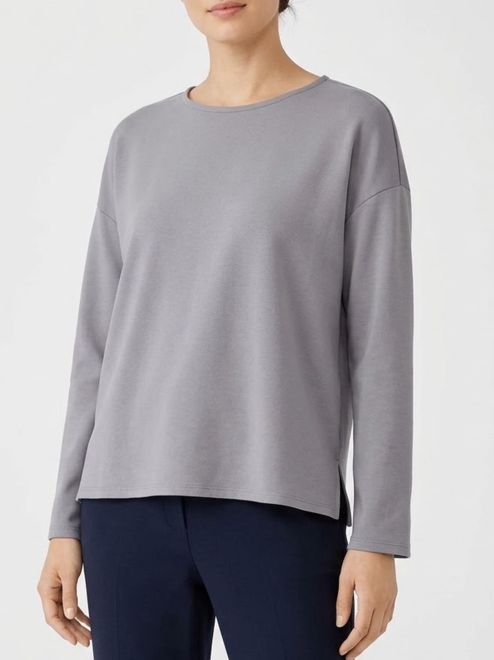 Eileen Fisher Relaxed Long-Sleeve Top Gray side slits tencel/lyocel blend